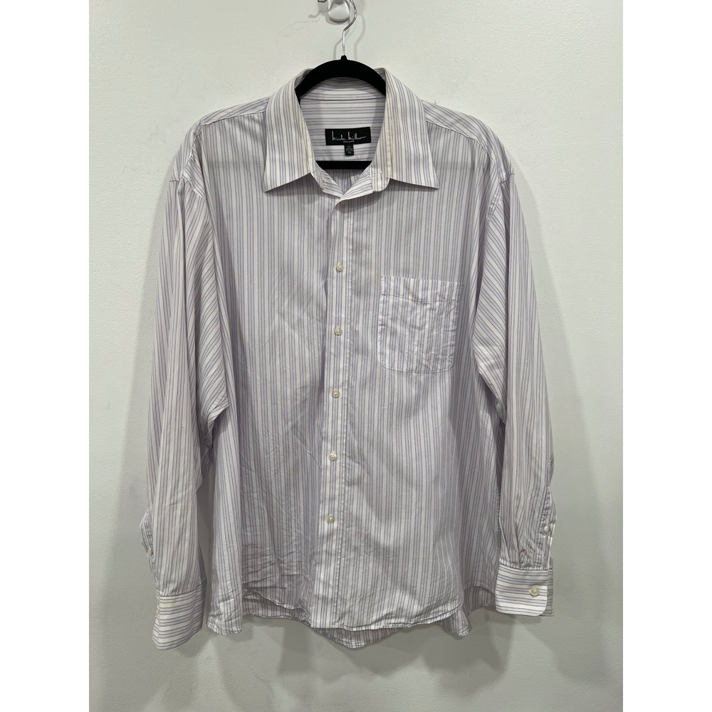 Nicole Miller Dress Shirt Mens XL 17 34/35 White Purple Striped Long Sleeve